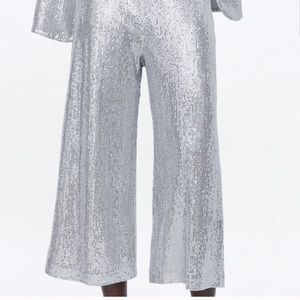 Zara culottes sequins wide leg cropped pant silver